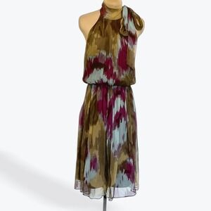 TRINA TURK Silk Halter Neck Midi Dress Abstract Print Elastic Waist